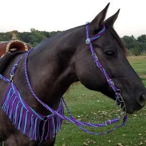 Stunning Hand Braided Headstall, Reins, Breast Collar w/Fringe, Horse Tack,  PURPLE / TURQUOISE  **New**