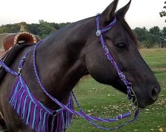 Stunning Hand Braided Headstall, Reins, Breast Collar w/Fringe, Horse Tack,  PURPLE / TURQUOISE  **New**
