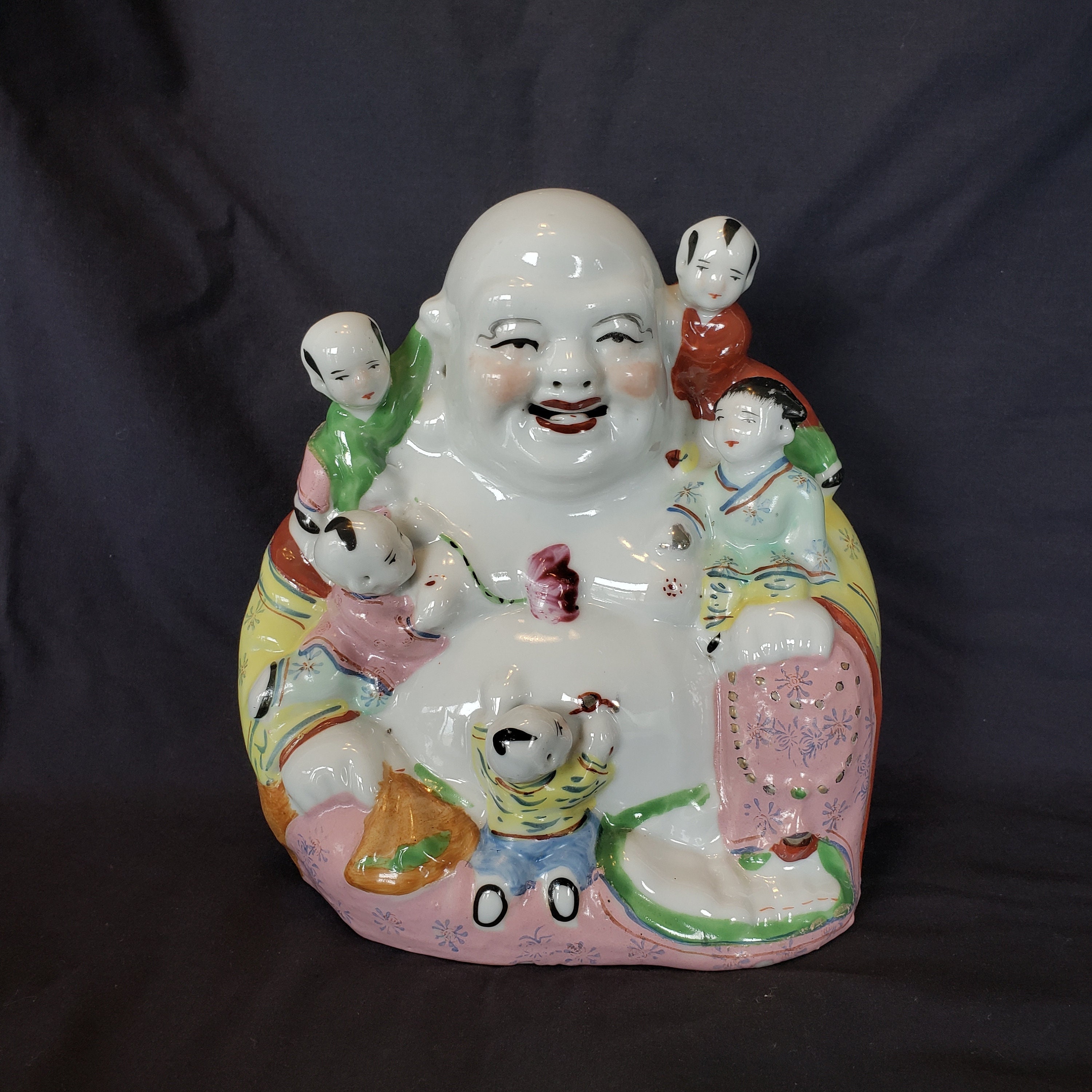 Laughing Buddha With 5 Children Families Rose Chinese Porcelain 9