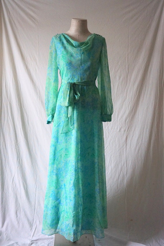 Green 70s Nat Kaplan watercolor floral dress with
