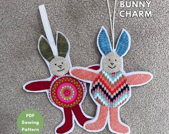 Fabric Scrap Easter Bunny Charm Sewing Pattern DIY Felt Ornament How to Sew Fabric Appliqué DIY Scrap Fabric Dress Up Bunny Egg Sew Project