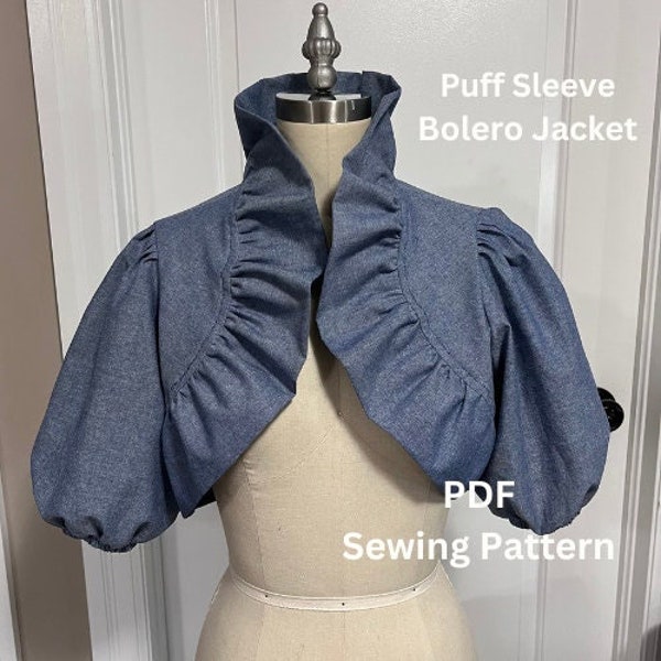 Bolero Jacket PDF Sewing Pattern Puff Sleeve Shrug Pattern Coverup Shrug Size M Digital Download Printable Sewing Instruction Tutorial Ebook