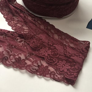 5 yards 5 inches Wide Elastic Lace Mulberry floral Scalloped edge stretch Lingerie Lace underwear headband boot cuff Pale wine Lace Trim image 2