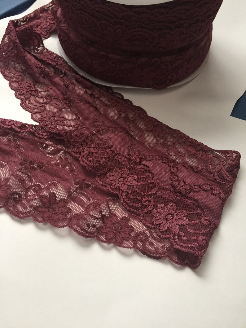 5 yards 5 inches Wide Elastic Lace Mulberry floral Scalloped edge stretch Lingerie Lace underwear headband boot cuff Pale wine Lace Trim image 2