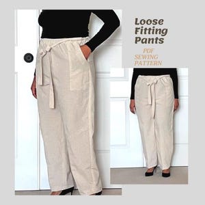 Pull on Pants PDF Sewing Pattern Women Sizes S-XL Linen Cotton Woven Fabric Loose Fitting Pants Digital Download Printable Sewing Tutorial