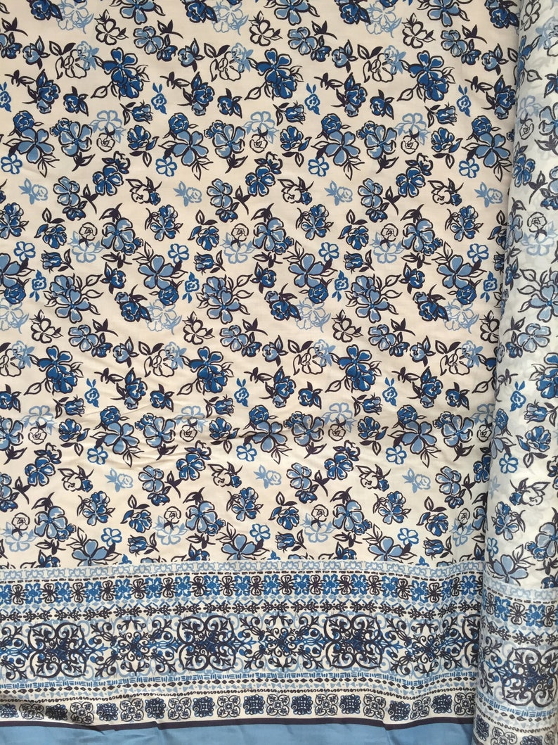 Border Print Cotton Fabric by the Yard Blue & White Floral Etsy
