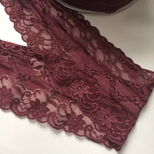 5 yards 5 inches Wide Elastic Lace Mulberry floral Scalloped edge stretch Lingerie Lace underwear headband boot cuff Pale wine Lace Trim image 1