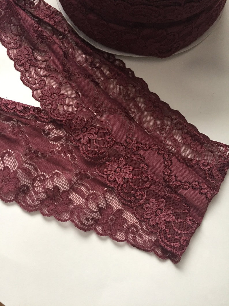 5 yards 5 inches Wide Elastic Lace Mulberry floral Scalloped edge stretch Lingerie Lace underwear headband boot cuff Pale wine Lace Trim image 1