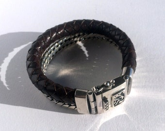 Solid Silver Chain Link and Woven Leather "Berlin Cafe" Bracelet