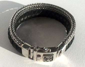 Solid Silver Chain Link and Woven Leather "Moscow Cafe" Bracelet
