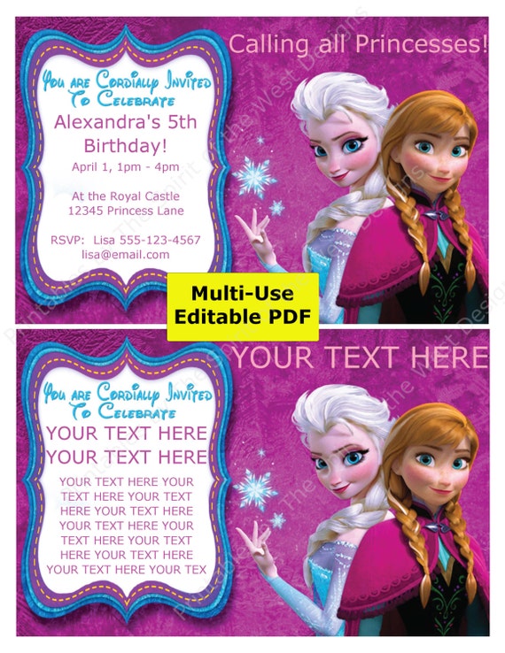 SALE Frozen Party Invitation Editable PDF Disney Princess Birthday Favor Elsa Anna Fantasy Custom Printable Invite Download You Edit Print Il_570xn