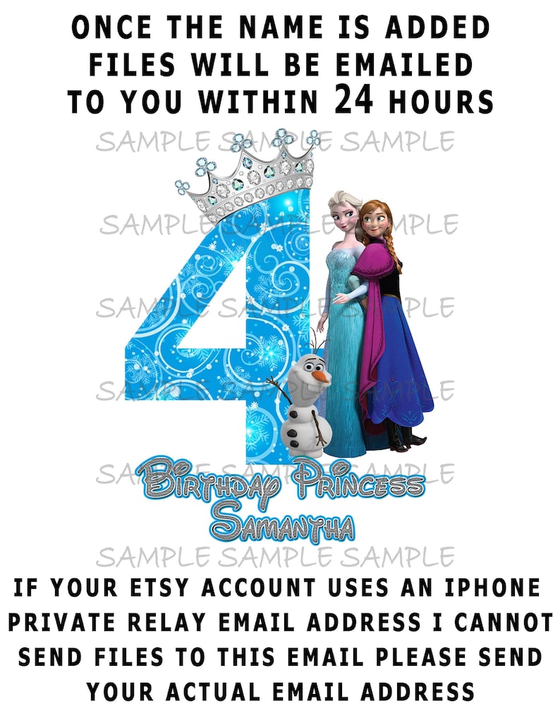 Custom Fourth Birthday Girl Frozen IMAGE | Leave name, I add it and Email the file | Printable Download Sublimation Elsa Anna Olaf DIY