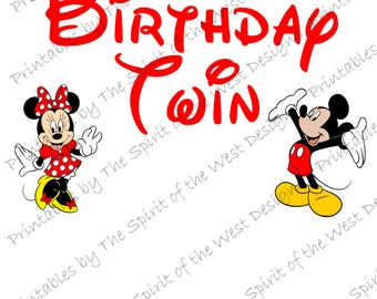 Birthday Twin Minnie and Mickey Mouse Printable Party IMAGE Use as Iron On T-shirt Transfer Clip Art DIY Instant Download