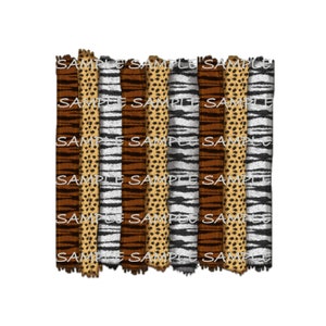 May include: A digital design featuring vertical stripes with animal print patterns. The patterns include tiger stripes, leopard spots, and zebra stripes in shades of brown, black, and tan. The word "SAMPLE" is repeated across the design.