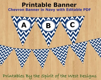 Navy Chevron Banner Editable PDF Party Favor Printable Pennant Baby Shower Spring garden party zig zag stripes DIY Download Multi-use