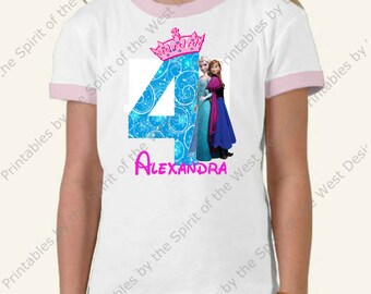 Personalized Fourth Birthday Girl Iron On Party Frozen T-shirt Transfer Printable Digital Download Elsa Anna Olaf Favour clip art DIY