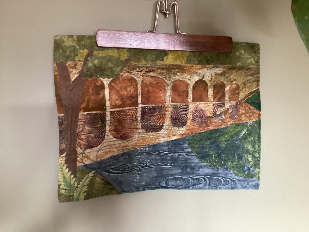 Original Textile Wall Art, Stone Bridge and Reflection in Creek - Etsy