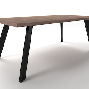 May include: A rectangular wooden table with a brown wood top and black metal legs. The legs are angled and have a modern design.