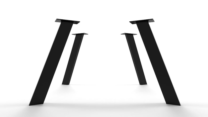 May include: Four black metal table legs with a slanted design. The legs are arranged in a symmetrical pattern, with two legs on each side of the image.