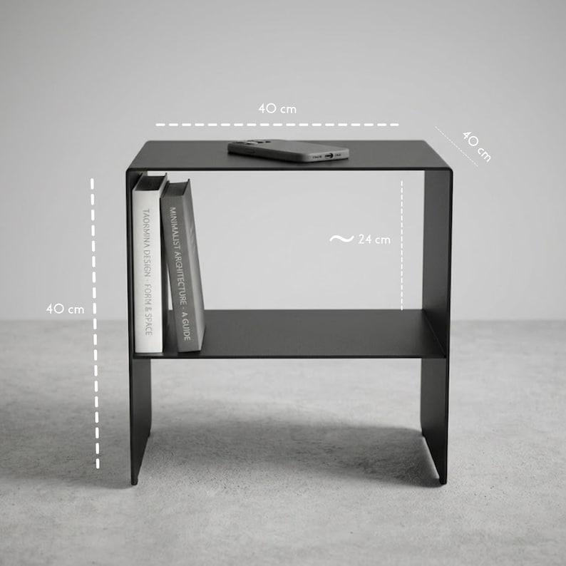 Modern steel bedside table CARINI with open shelf, made from thick 4 mm metal sheet and finished in textured matte black, ideal for industrial bedrooms, minimalist interiors, loft spaces, Japandi rooms and modern home decor projects.