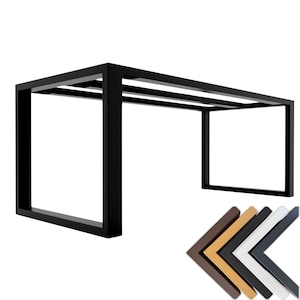 May include: A black metal frame, possibly for a table or shelf, with a rectangular design and a minimalist aesthetic. Several sample corner pieces in various colors are shown in the lower right corner.