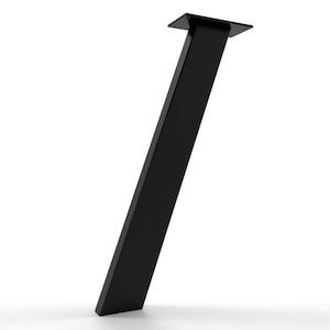 May include: Black metal table leg with a square top plate. The leg is angled and has a rectangular cross-section.