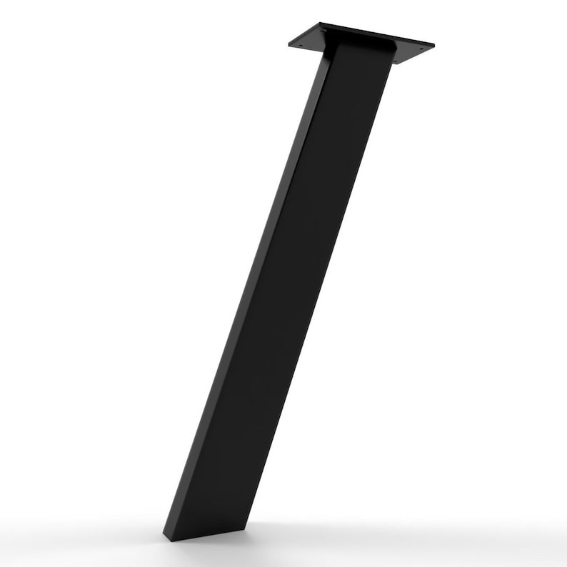 May include: Black metal table leg with a square top plate. The leg is angled and has a rectangular cross-section.