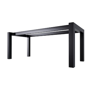 May include: A contemporary black metal pergola, featuring a rectangular frame supported by four legs. The design is minimalist and sleek, ideal for creating a shaded area in a garden or patio. The structure is made of durable metal.