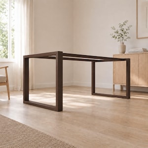 Puede incluir: Un marco de mesa de comedor rectangular construido en metal marrón oscuro. La estructura cuenta con cuatro patas verticales conectadas por barras de soporte horizontales en la parte superior e inferior, formando una silueta geométrica abierta.