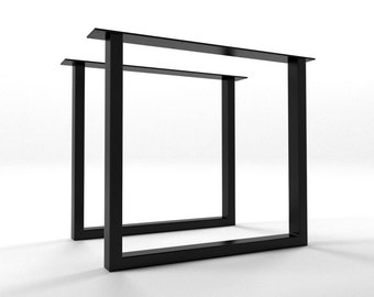 Könnte beinhalten: Zwei schwarze Tischbeine aus Metall mit quadratischem Rahmen. Die Beine sind aus dickem Metall gefertigt und haben einen einfachen, modernen Stil.