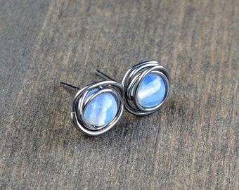 Moonstone niobium stud earrings,  Niobium earrings, Moonstone earrings, Hypoallergenic earrings, Stud earrings, niobium stud earrings