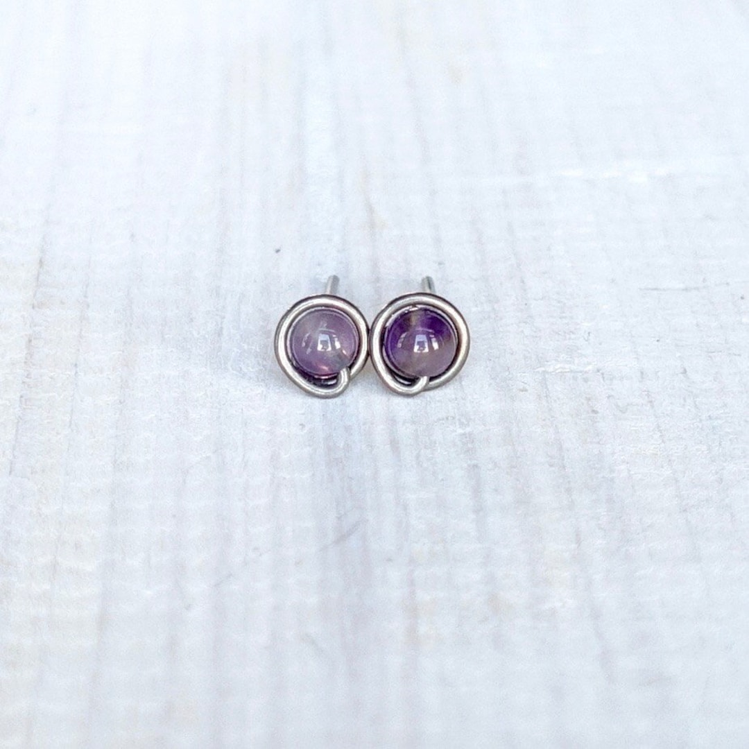 Small Amethyst Earrings, Amethyst Studs, Niobium Earrings, Gemstone ...