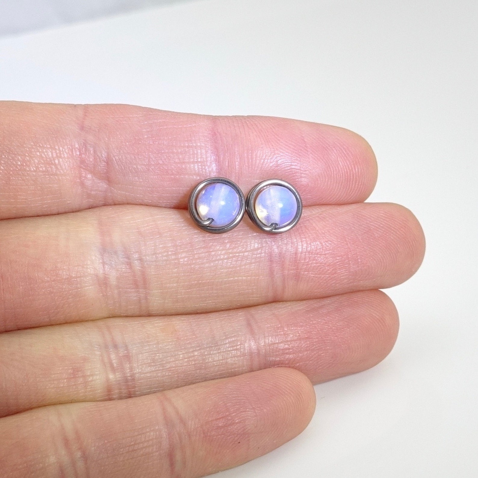 Moonstone Stud Earrings Niobium Earrings Natural Stone Etsy Canada