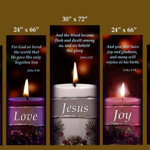 May include: Five purple candles with flames, each representing a different word: Hope, Love, Jesus, Joy, and Peace. Each candle has a verse from the Bible below it.