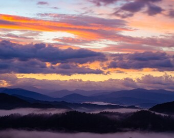 Impresión en lienzo del amanecer en el Parque Nacional de las Grandes Montañas Humeantes, arte de pared en Foothills Parkway, Townsend, Tennessee