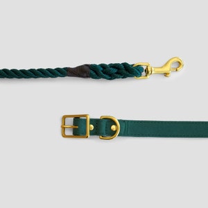 Puede incluir: Una correa de perro de cuerda verde oscuro con un clip de metal dorado y un collar de perro de tela verde oscuro a juego con una hebilla de metal dorado.