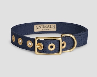 Collare per cani in tela blu navy con ottone – Collare vegano riciclato