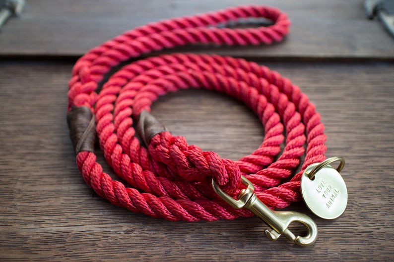 Red Rope Dog Leash // Rope Dog Lead Strong Dog Leash Brass Etsy