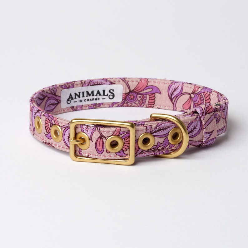 Pu&ograve; includere: Un collare per cani rosa con un motivo floreale e accessori dorati. Il collare ha il testo "ANIMALS - IN CHARGE -" su un'etichetta bianca.