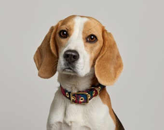 Red Tartan + Brass Salvaged Materials Dog Collar // Buckle Collar // Eco Dog Collar - Vegan Dog Collar