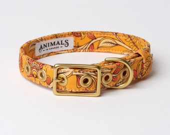 Bohemian Sunset Fabric Dog Collar – Brass Buckle, Floral Print