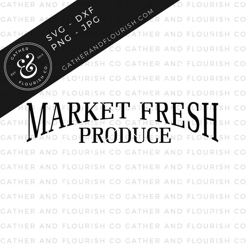 Puede incluir: Gr&aacute;fico de texto en blanco y negro que dice "Market Fresh Produce" con una fuente de estilo vintage. El texto est&aacute; curvado y las palabras "Market" y "Fresh" son m&aacute;s grandes que la palabra "Produce".