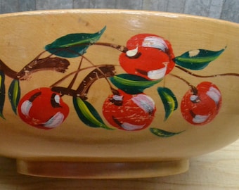Vintage Large Round Wooden Bowl - Hand Painted Cherries Made in Japan - Farmhouse Kitchen Decor - Centerpiece - Fruit Bowl - Wood Bowl