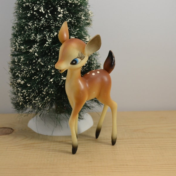 Vintage Christmas Deer - Hard Plastic 7" Reindeer Figurine - Bambi - Big Eyes Fawn - Hong Kong - MCM Christmas Decor