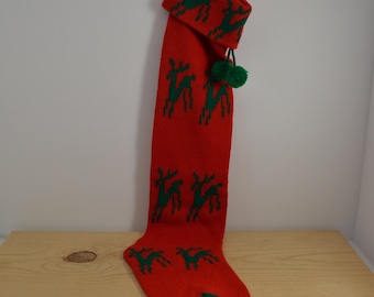 Sweet Long Red and Green Reindeer Knit Stocking - Vintage Christmas - Christmas Stocking - Family Christmas - Christmas Decor