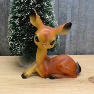 Sweet Vintage Large Christmas Deer - Hard Plastic 7 Inch Sitting Reindeer Figurine - Bambi - Big Eyes Fawn - Hong Kong - Christmas Decor