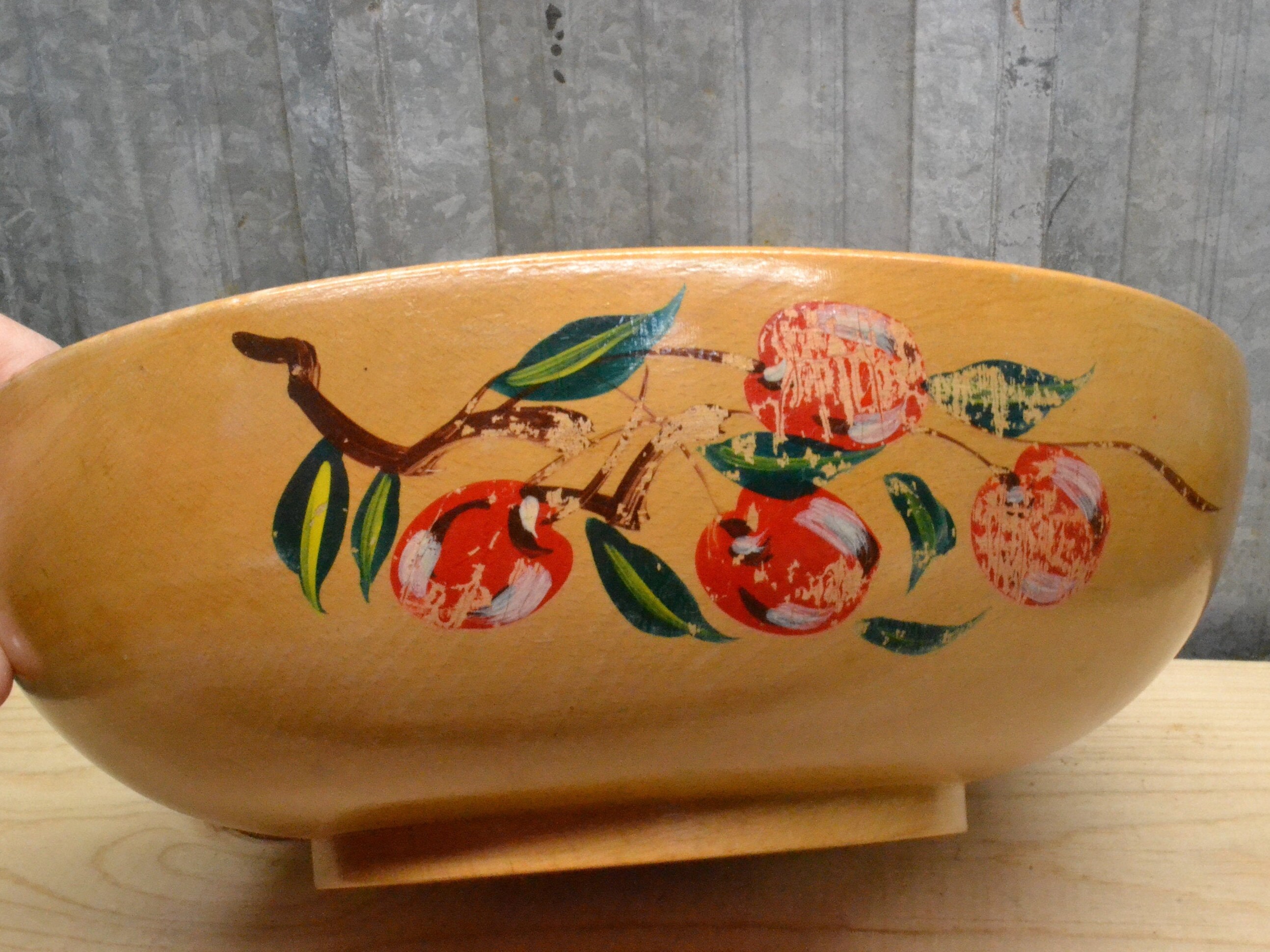 Vintage Large Round Wooden Bowl Hand Painted Cherries Made | Etsy