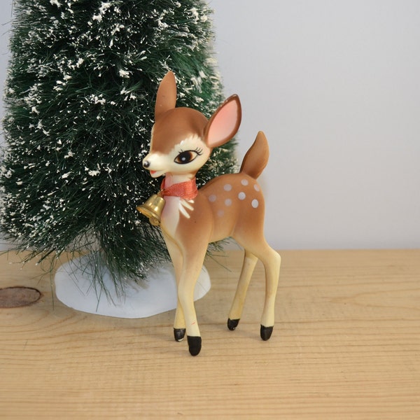 Sweet Vintage Christmas Deer - Hard Plastic 6" Reindeer Figurine - Bambi - Big Eyes Fawn - Hong Kong - MCM Christmas Decor