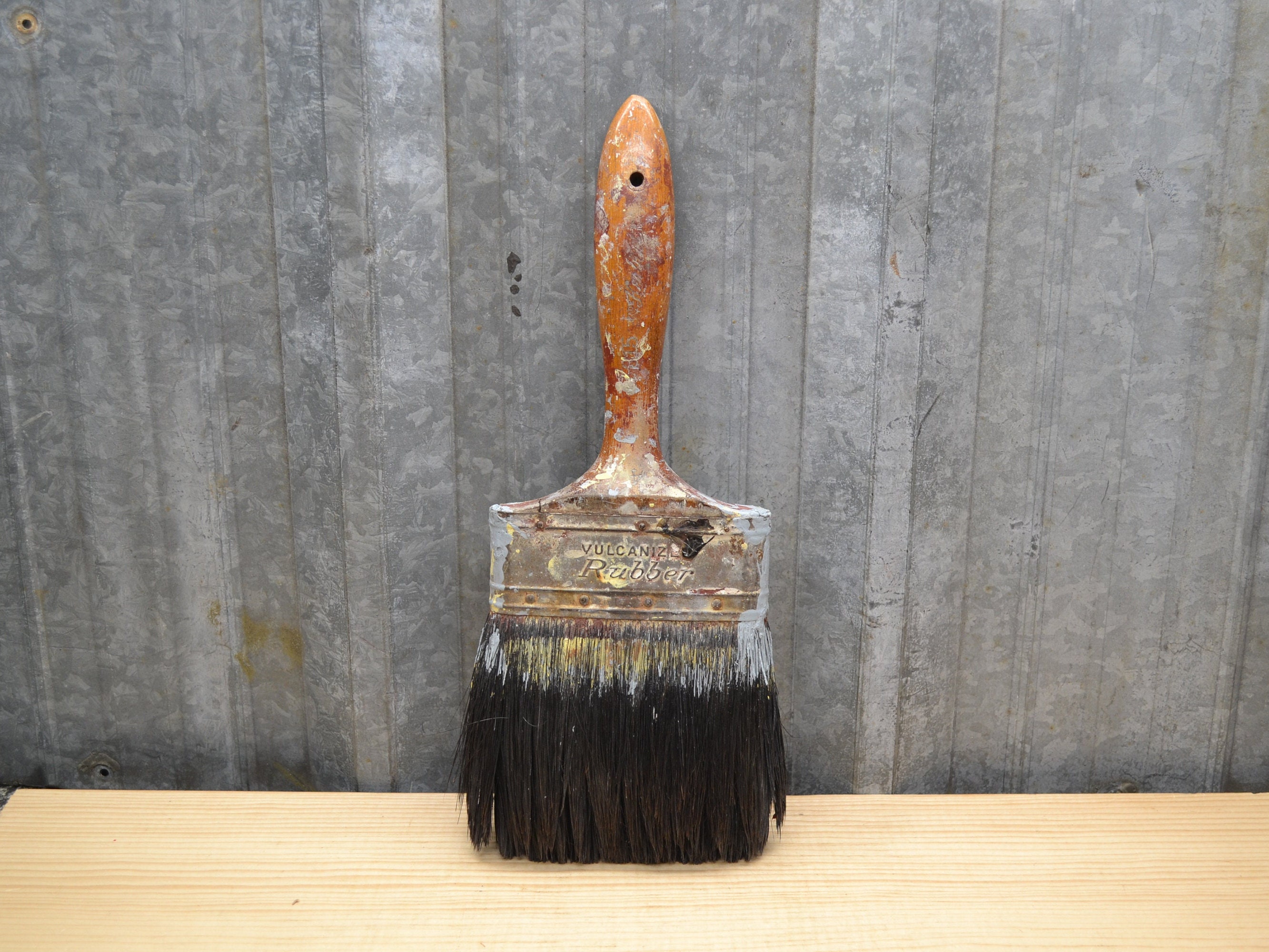Vintage Large Paint Brush, Primitive 5” Wide, W/Wood Handle 2” Deep