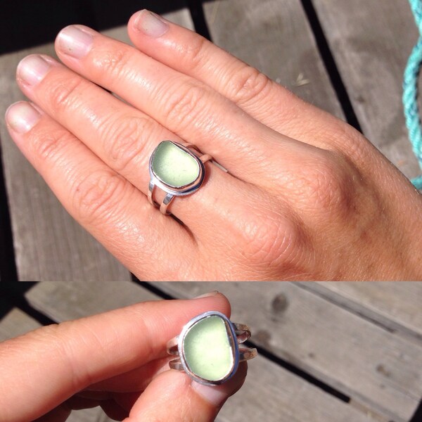 Sea-Green Sea Glass Ring - Pale Green Glass Bezel-Set in Silver on Textured Double Shank Ring